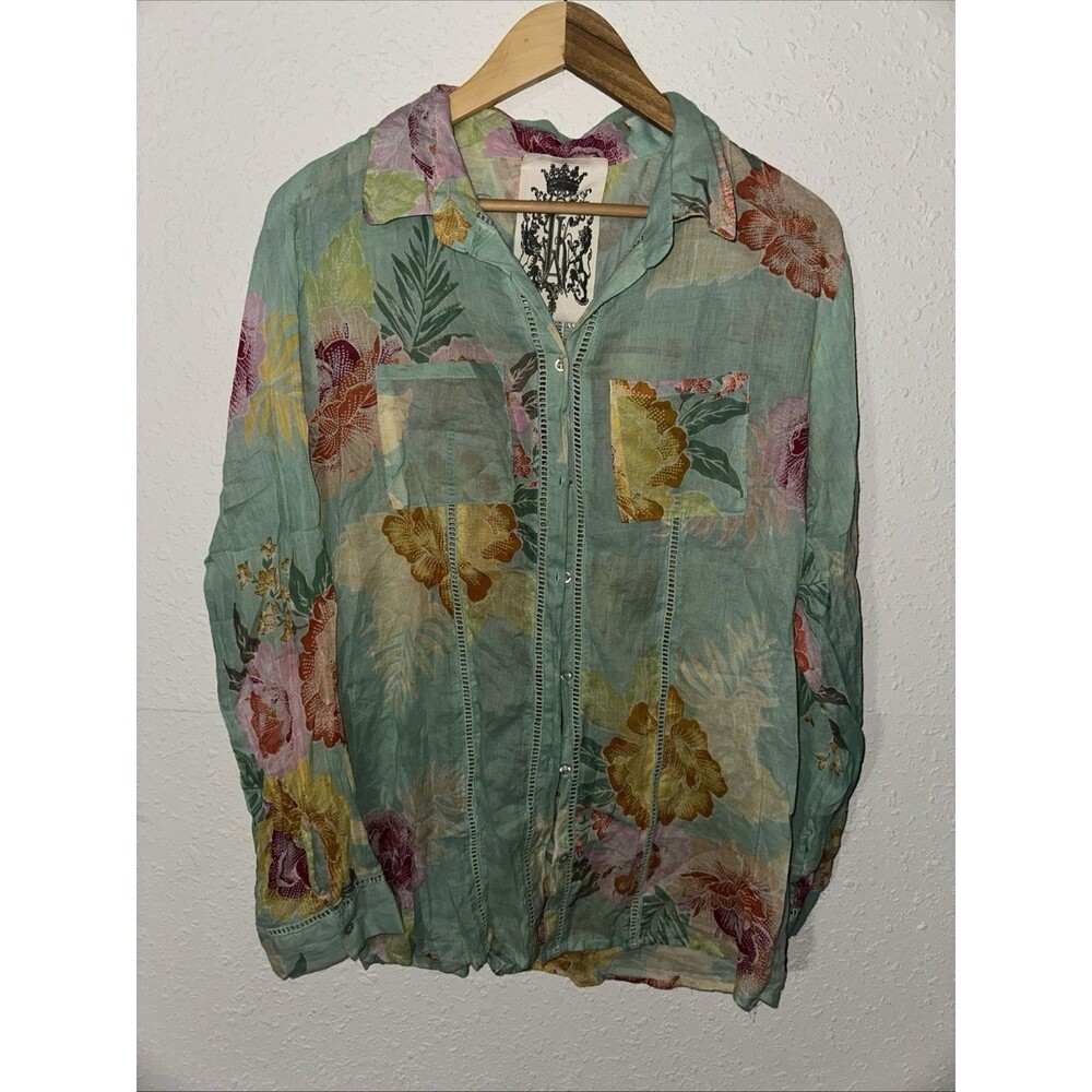 J.A.K. Sheer Blouse Teal Green Floral Button Up Blouse 100% Cotton Women Sz Lrg
